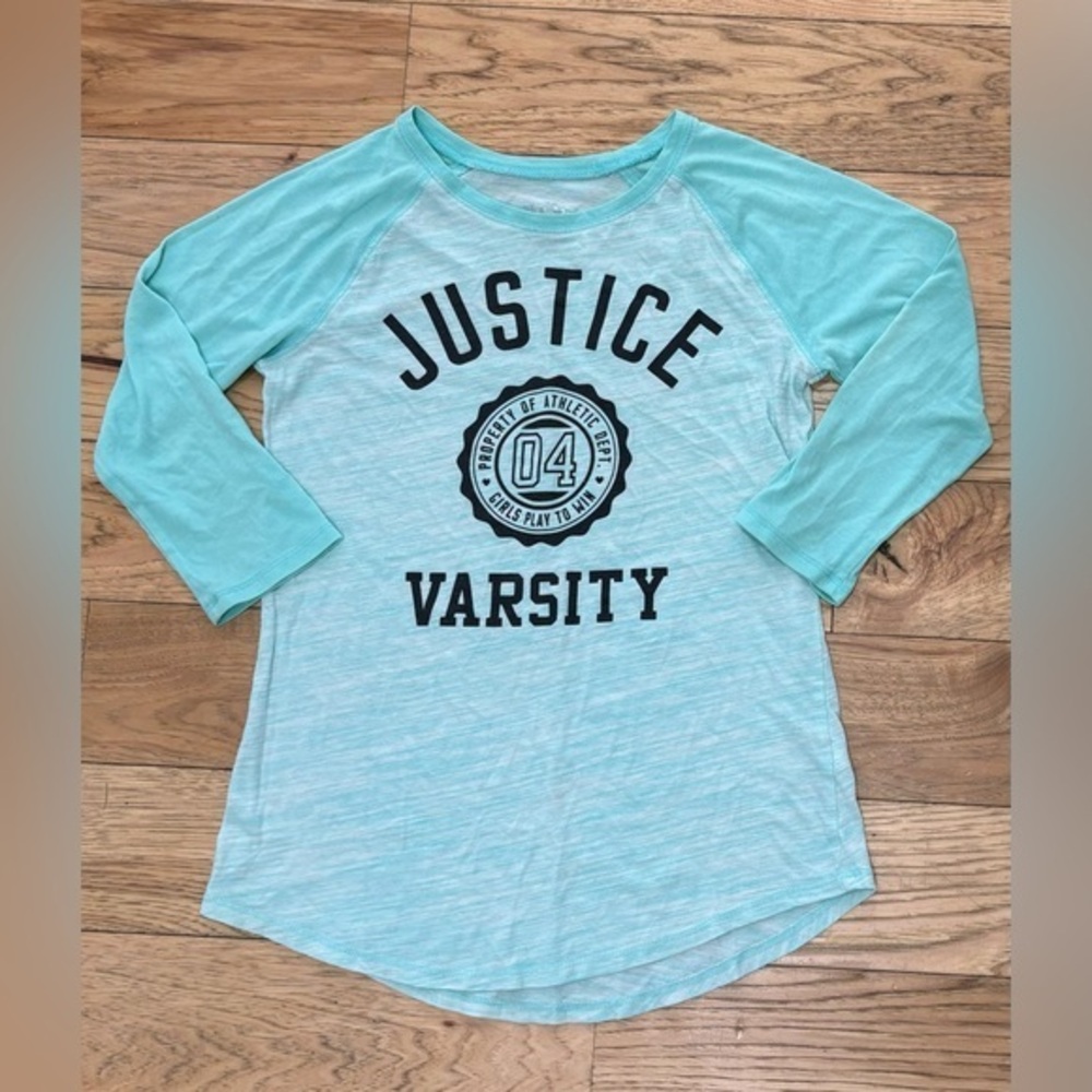 Justice Teal Green Heathered Raglan 3/4 Sleeve Sporty Tee Shirt Girls Size 10